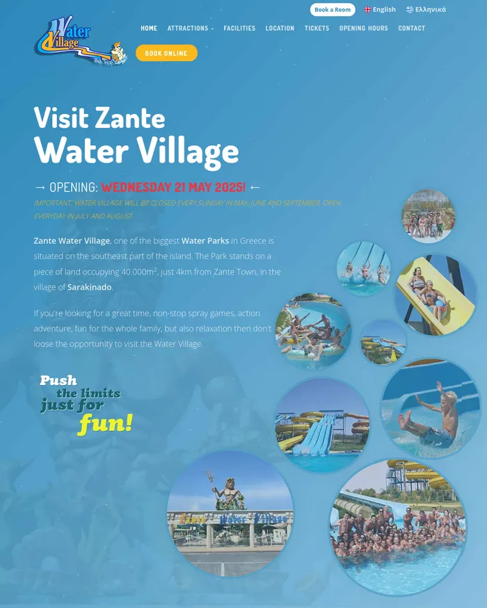 Στιγμιότυπο της αρχικής σελίδας του Zante Water Village