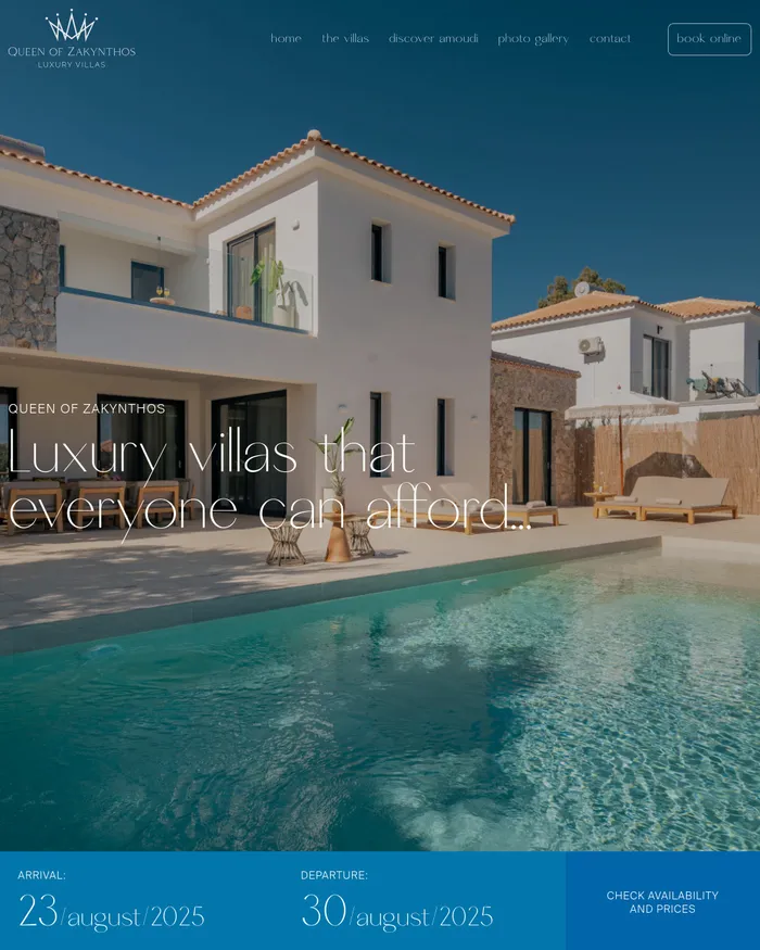Στιγμιότυπο της αρχικής σελίδας του Queen of Zakynthos Villas