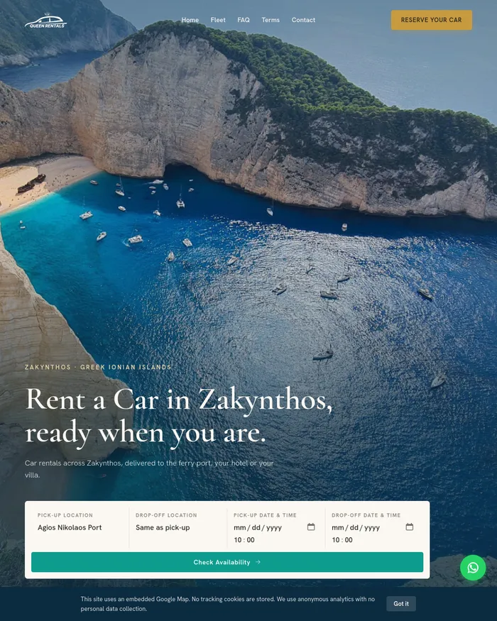 Στιγμιότυπο της αρχικής σελίδας του Queen Rentals